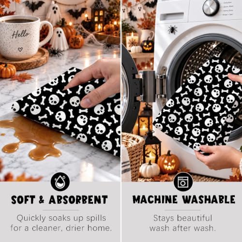 MUBIAO 2 Pcs Halloween Kitchen Towels, Skull Bone Black Dish Hand towel1743