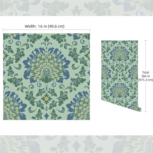 FLFK Peacock Wallpaper Peel and Stick Victorian Green Wallpaper 16" x 384" Waterproof Removable Wall Paper for Bedroom Bathroom Shlef Cabinet Drawers Décor