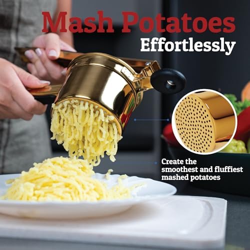 PriorityChef Large 15oz Potato Ricer, Heavy Duty Stainless Steel Potato Masher and Ricer Kitchen Tool, Press and Mash Kitchen Gadget For Perfect Mashed Potatoes - Everytime, Gold and Black - Image 2