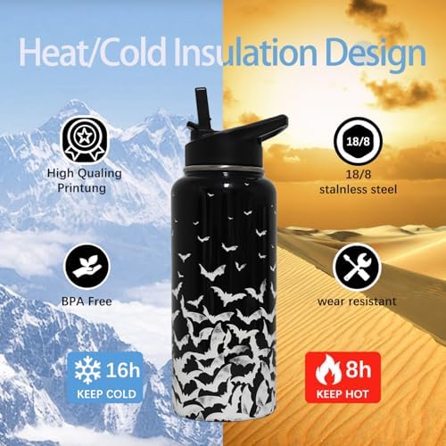 Insulated Halloween Water Bottle 32 oz, Bat Water Bottle with Straw, Reusable Leakproof Water Bottle Stainless Steel, Halloween Gifts for Women
