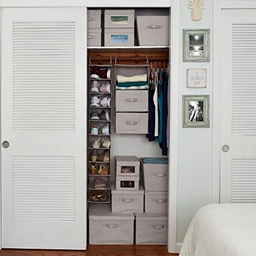 Household Essentials Large Square Storage Box with Lid with Breathable Poly‑Cotton Canvas and Reinforced Sides, Gray Finish, Set of 2