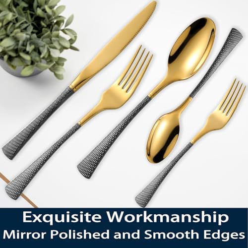 Hammered Black Gold Silverware Set,20 Piece Modern Flatware Set Service for 4,Mirror Polished Stainless Steel Cutlery Set Utensil Set Tableware Set,Kitchen Knives Forks Spoons Set,Dishwasher Safe ﻿