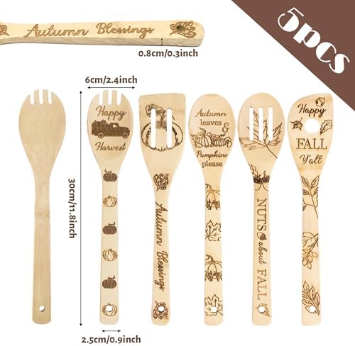Eartim Autumn Wooden Cooking Utensil Set 7Pcs Natural Carve Bamboo Spoons
