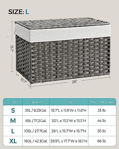 SONGMICS Woven Storage Basket with Lid, 27.7 Gallon (105L), Foldable