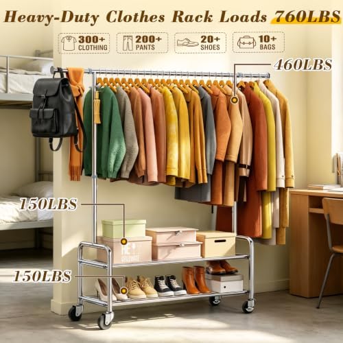 100% Stainless Steel Heavy Duty Clothes Rack Load 760LBS, Clothing Rack for Hanging Clothes With Shelves, Adjustable Height Rolling Wardrobe Coat Closet for Bedroom Laundry Living Room Dorm