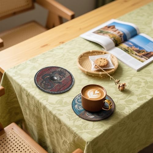 Viking Shield Coasters Leather Round Drink Coasters 6 Pcs Set with Holderor for Cup Drink Coffee Table Bar Home Decor