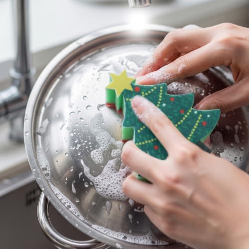 SiliFine 12 Pack Christmas Tree Kitchen Sponges Bulk Scrub Sponge