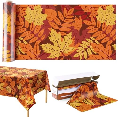 Kochorie 100 Ft x 54 Inch Fall Leaf Tablecloth Roll with Cutter Box Disposable Fall Thanksgiving Plastic Table Cover Backdrop Cut to Size Maple Leaves Table Cloth Roll for Autumn Party Decorations
