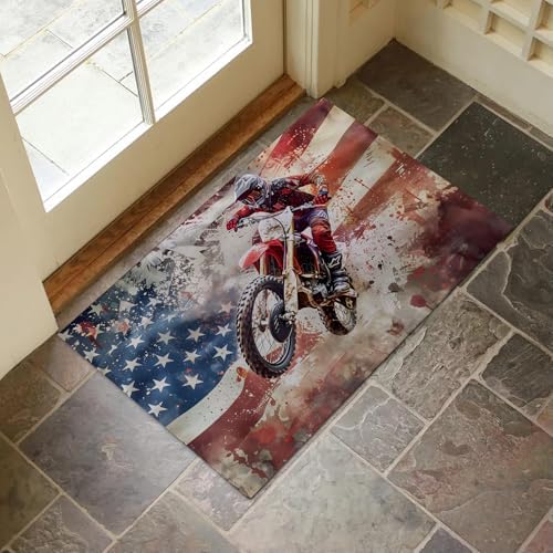 Patriotic Motocross Indoor Door Mat for Entryway, 17x29.5 Inch, American Flag Dirt Bike Floor Doormat for Home Decor, Non-Slip Rug Mat for Living Room, Kitchen, Bedroom, Gifts for Rider Lovers