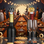 Halloween Wine Stopper With Wine Charms Set,2PCS Pumpkin Wine Bottle Stopper Reusable Wine Corks with Silicone Seal, Bottle Cover Leak proof Keep Fresh -Black/Yellow