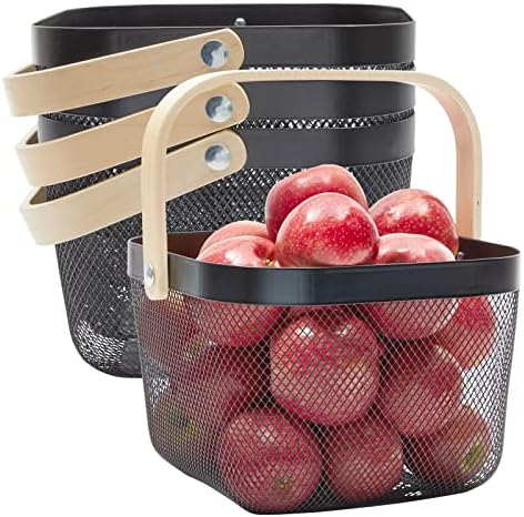 Juvale Square Metal Fruit Basket - Black Metal Pantry Organizer for Kitchen Storage - Mesh Basket with Wood Handle for Easy Carry - Fruit & Snack Organizer - 9.5"x 9.5"x 7", Pack of 4