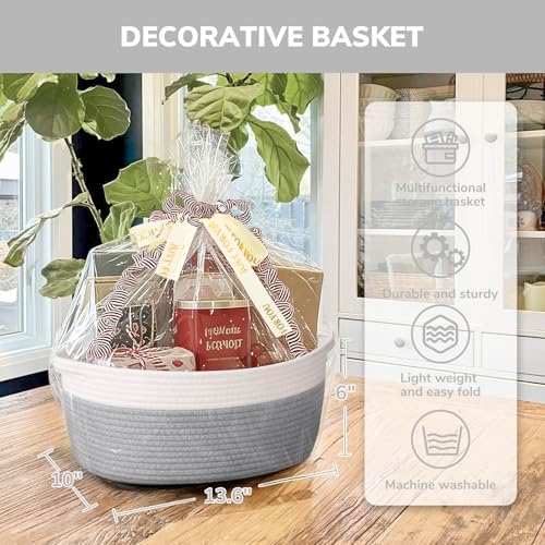 CHICVITA Large Rope Gift Basket Empty with Bags & Ribbon to Fill, Grey