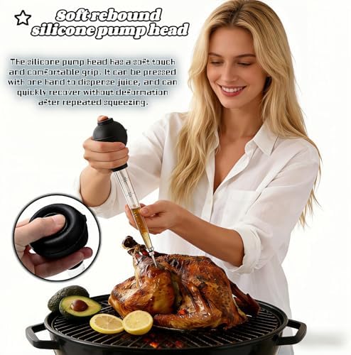 Turkey Baster with Cleaning Brush, Meat Injector Syringe with Detachable Silicone Bulb, 304 Stainless Steel Needle and Basting Brush for Roasting Chicken, 22ml Capacity (Black) - Image 2