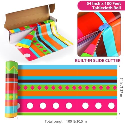 Kochorie 100 Ft x 54 Inch Mexican Fiesta Party Tablecloth Roll with Cutting Box Disposable Plastic Mexican Striped Table Cover Backdrop for Fiesta Taco Party Supplies
