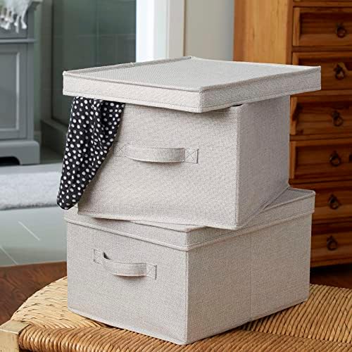 Household Essentials Large Square Storage Box with Lid with Breathable Poly‑Cotton Canvas and Reinforced Sides, Gray Finish, Set of 2