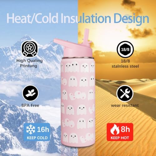 Insulated Halloween Water Bottle 18 oz, Ghost Water Bottle with Straw, Reusable Leakproof Stainless Steel Tumbler, Halloween Gifts for Women