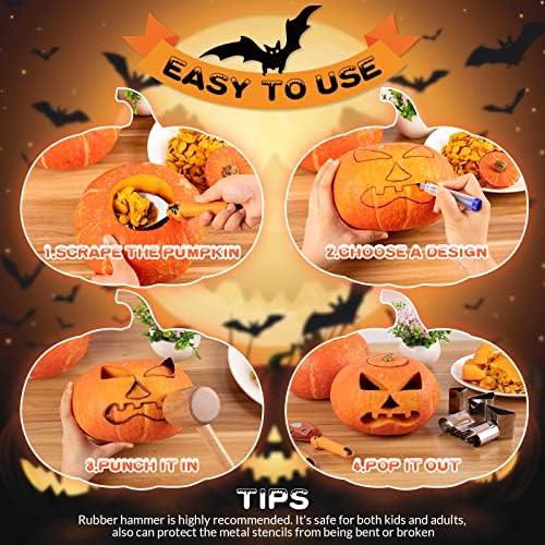 【With Hammer】Pumpkin Carving Kit Halloween, Safe and Easy Pumpkin Carving Set for Kids, DIY Stainless Steel Pumpkin Carving Tools for Halloween Decoration Jack-O-Lanterns, Gift for Halloween