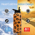 Insulated Halloween Water Bottle 32 oz, Pumpkin Water Bottle with Straw, Reusable Leakproof Stainless Steel Tumbler, Halloween Gifts for Women