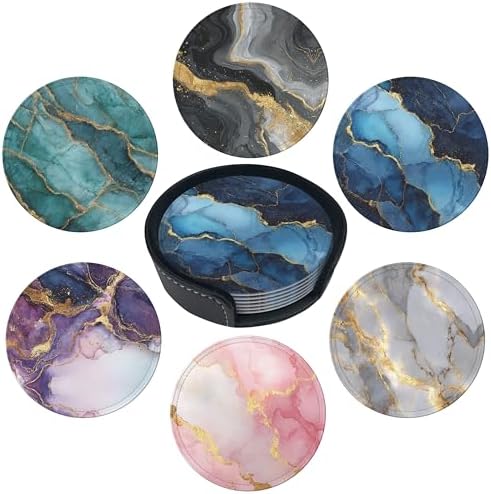 Marble Coasters Leather Round Drink Coasters 6 Pcs Set with Holderor for Cup Drink Coffee Table Bar Home Decor