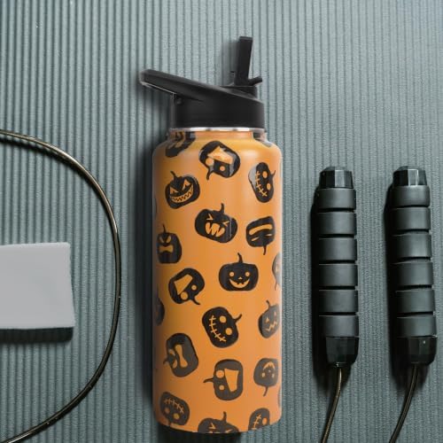 Insulated Halloween Water Bottle 32 oz, Pumpkin Water Bottle with Straw, Reusable Leakproof Stainless Steel Tumbler, Halloween Gifts for Women