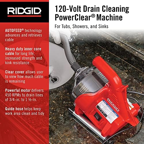 RIDGID 55808 PowerClear 120-Volt Drain Cleaning Machine Kit for Tubs, Showers, and Sinks, Drain Cleaner Machine Kit with AUTOFEED, Inner Core Cable, and Guide Hose