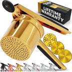 PriorityChef Large 15oz Potato Ricer With 3 Discs, Heavy Duty Stainless Steel Potato Ricer for Mashed Potatoes, Potato Masher, Press and Ricer Kitchen Tool, Gold Steel Black Silicone by PriorityChef