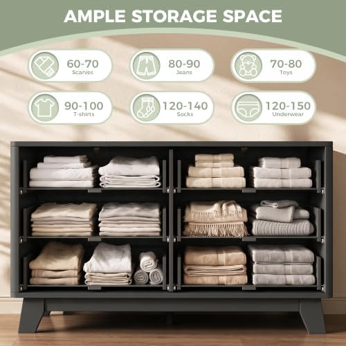 Jocoevol Fluted 6 Drawer Dresser for Bedroom, Modern Chest of Drawers with Metal Handle, Wooden TV Stand with Curved Profile Design, Closet Clothes Storage Organizer for Living Room/Hallway (Black)