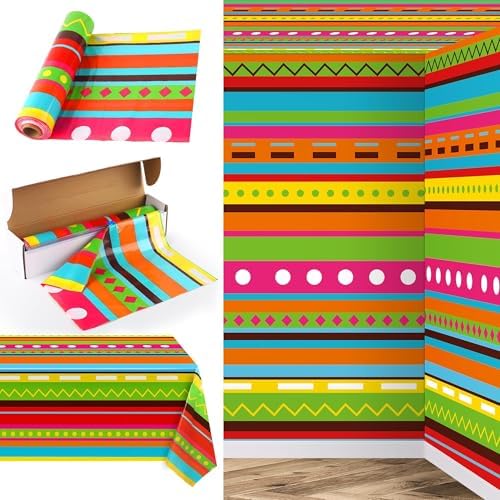 Kochorie 100 Ft x 54 Inch Mexican Fiesta Party Tablecloth Roll with Cutting Box Disposable Plastic Mexican Striped Table Cover Backdrop for Fiesta Taco Party Supplies