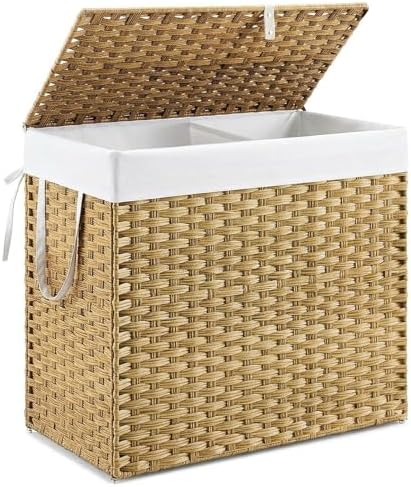 DUMOS Wicker Laundry Basket with Lid, 110L Woven Laundry Hamper with Handles, Foldable Rattan Clothes Hamper with Removable Liner & Sturdy Steel Frame, Goose Yellow