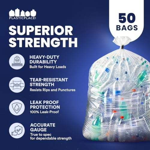 Plasticplace 65 gallon Trash Bags │ 1.5 Mil │ Clear Heavy Duty Garbage Can Liners │ 50” x 48” (50Count)