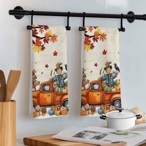 Thanksgiving Kitchen Towels, Absorbent Microfiber Kitchen Dish Hand Tea Bath Towel, Fall Scarecrows Maple Leaf Truck Beige Quick Dry Cleaning Cloth Dishclothes Decorative Sets, (3-PC, 18x28) - Image 7