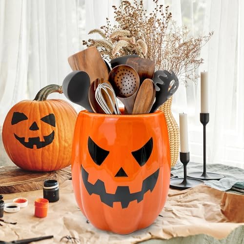 pinata Halloween Kitchen Decor, Ceramic Halloween Pumpkin Utensil Holder