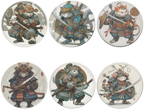 Japanese Cat Coasters Leather Round Drink Coasters 6 Pcs Set with Holderor for Cup Drink Coffee Table Bar Home Decor