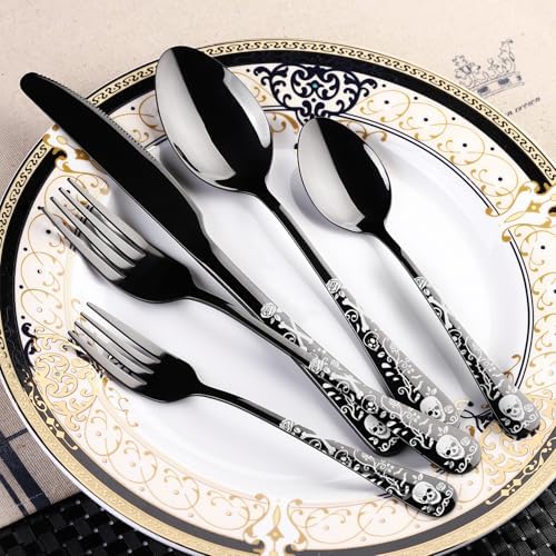 40-Piece Black Skull Silverware Set for 8, Flatware Set Stainless Steel Spoons,Forks,Knife Pattern Unique Design Utensil Sets Tableware Cutlery, Mirror Polished,Dishwasher Safe Decorative Party Suppl