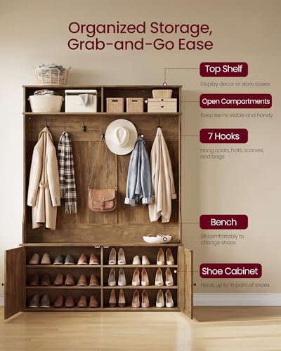 VASAGLE 5-in-1 Hall Tree with Bench and Shoe Storage, Adjustable LED Light