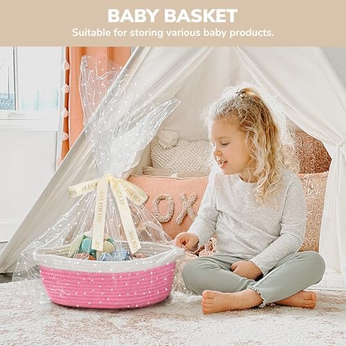 CHICVITA Gift Basket Empty with Bags & Ribbon for Baby Shower, Pink