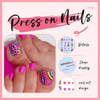 24PCS Hot Pink Press on Toenails Short Square Fake Toenails Summer False Toe Nails with Colorful Flower Design Glue on Toenail Artificial Beach Flower Full Cover Toenail Acrylic Toenails for Women - Image 2