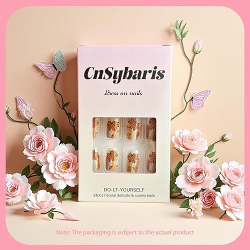 24Pcs Fall Maple Leaf Press on Nails Short Square Fake Nails with Gold Foil Stripe Design Thanksgiving False Nails Reusable Artificial Nail Glossy Full Cover Glue on Nail Stick on Nails for Women - Image 4