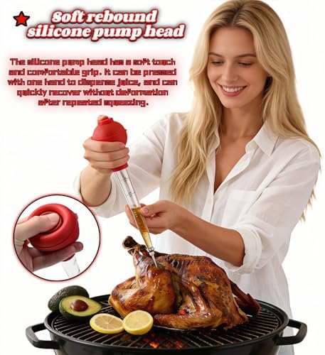Turkey Baster with Cleaning Brush, Meat Injector Syringe with Detachable Silicone Bulb, 304 Stainless Steel Needle and Basting Brush for Roasting Chicken, 22ml Capacity (Red) - Image 2