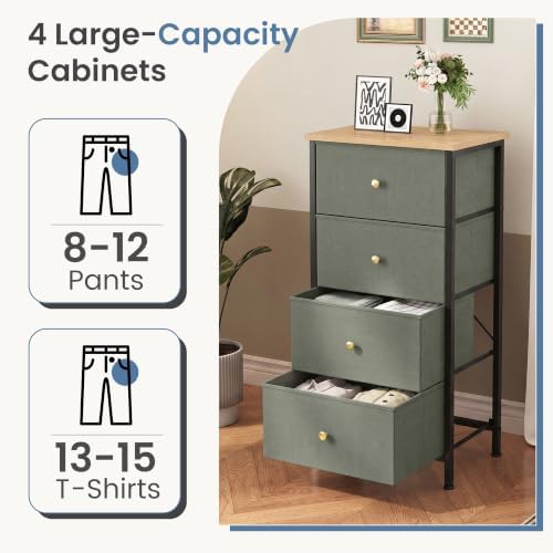 DUMOS Nightstand with 4 Drawers, Bedside Table with Removable Fabric Bins, Sturdy Steel Frame Wood Top Organizer Furniture for Bedroom Closet Living Room, Ink Green