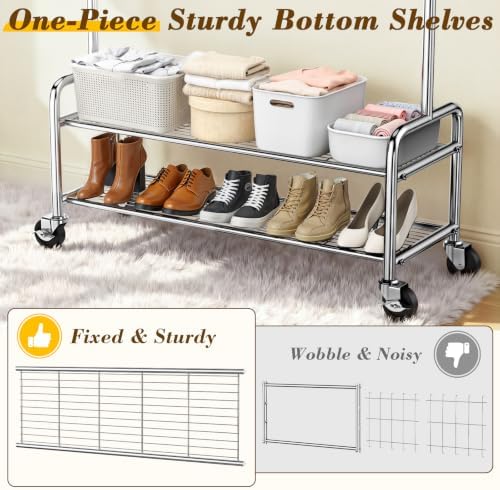 100% Stainless Steel Heavy Duty Clothes Rack Load 760LBS, Clothing Rack for Hanging Clothes With Shelves, Adjustable Height Rolling Wardrobe Coat Closet for Bedroom Laundry Living Room Dorm