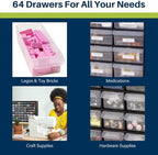 Akro-Mils 64-Drawer Plastic Drawer Storage Cabinet for Garage Organization, Bead Organizer, Building Bricks Storage, Teacher Toolbox, Makeup Organizer, 20-Inch W x 6-Inch D x 16-Inch H, 10164 Red