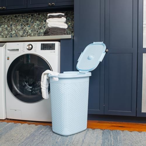 Mind Reader Slim Laundry Hamper with Lid, 60L Tall Clothes Basket, Narrow Tapered Design for Bathrooms, Closets and Laundry Rooms, Plastic, Baby Blue