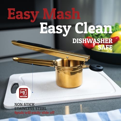 PriorityChef Large 15oz Potato Ricer, Heavy Duty Stainless Steel Potato Masher and Ricer Kitchen Tool, Press and Mash Kitchen Gadget For Perfect Mashed Potatoes - Everytime, Gold and Black - Image 4
