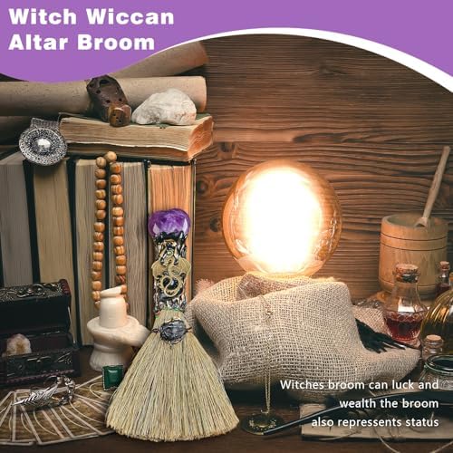 Witch Broom Halloween Crystal Witch Wiccan Altar Broom, Witchcraft Witches Pagan Altar Decor, Handmade Ritual Magic Ceremonial (Amethyst)