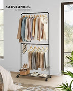 SONGMICS Clothes Rack with Wheels, Metal Garment Rack, Mesh Storage Shelf