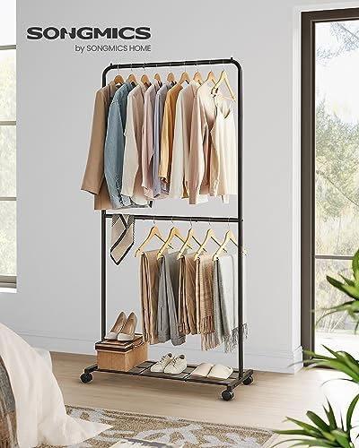 SONGMICS Clothes Rack with Wheels, Metal Garment Rack, Mesh Storage Shelf