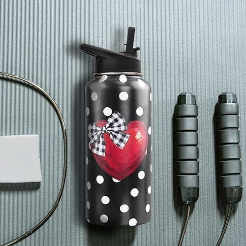 Insulated Valentines Day Water Bottle 32 oz, Valentine Heart Water Bottle with Straw, Reusable Leakproof Stainless Steel Valentines Tumbler, Valentines Day Gifts for Her