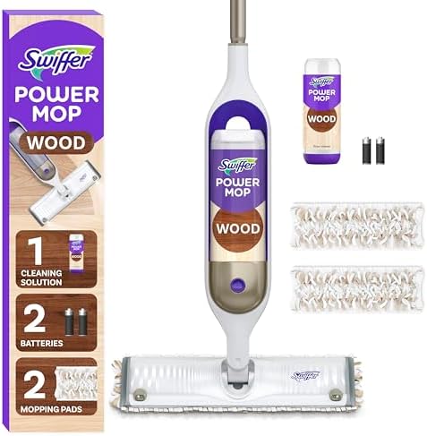 Swiffer Power Mop Wood, Hardwood Floor Cleaner for Mopping Home, Bathroom, Kitchen, All Purpose Multi-Surface Cleaning Set includes PowerMop Wood, 2 Pads, 1 QuickDry Lemon Solution, & 2 Batteries