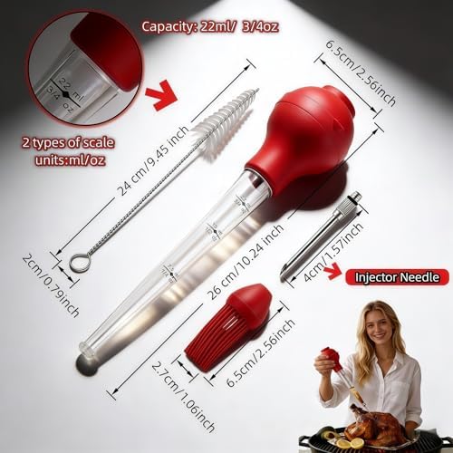 Turkey Baster with Cleaning Brush, Meat Injector Syringe with Detachable Silicone Bulb, 304 Stainless Steel Needle and Basting Brush for Roasting Chicken, 22ml Capacity (Red) - Image 6